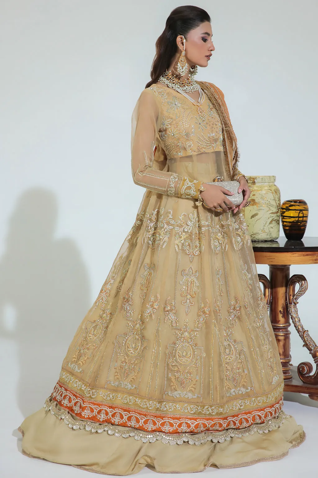 Luxury Gold Floral Embellished Pakistani Wedding Dress in Pishwas Style