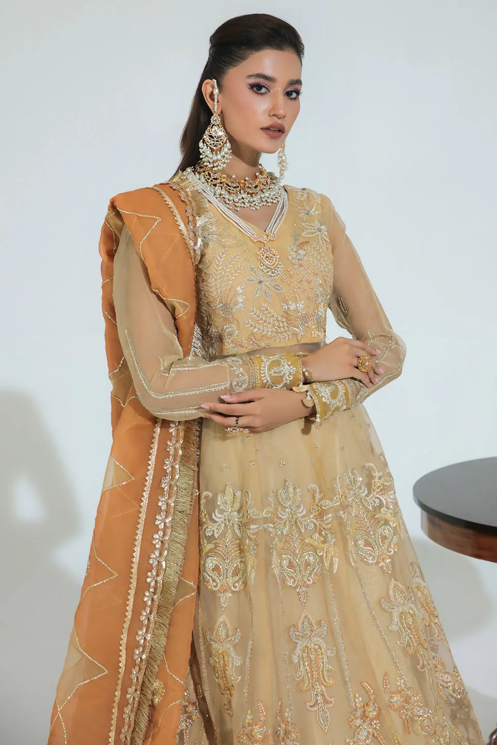 Luxury Gold Floral Embellished Pakistani Wedding Dress in Pishwas Style
