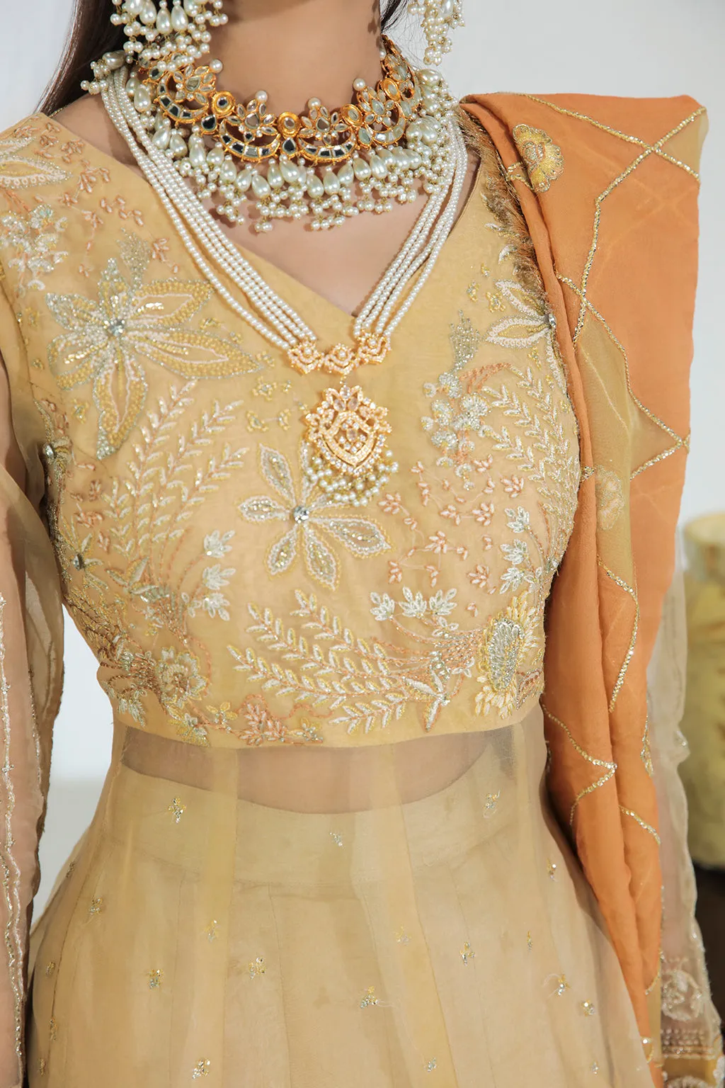 Luxury Gold Floral Embellished Pakistani Wedding Dress in Pishwas Style