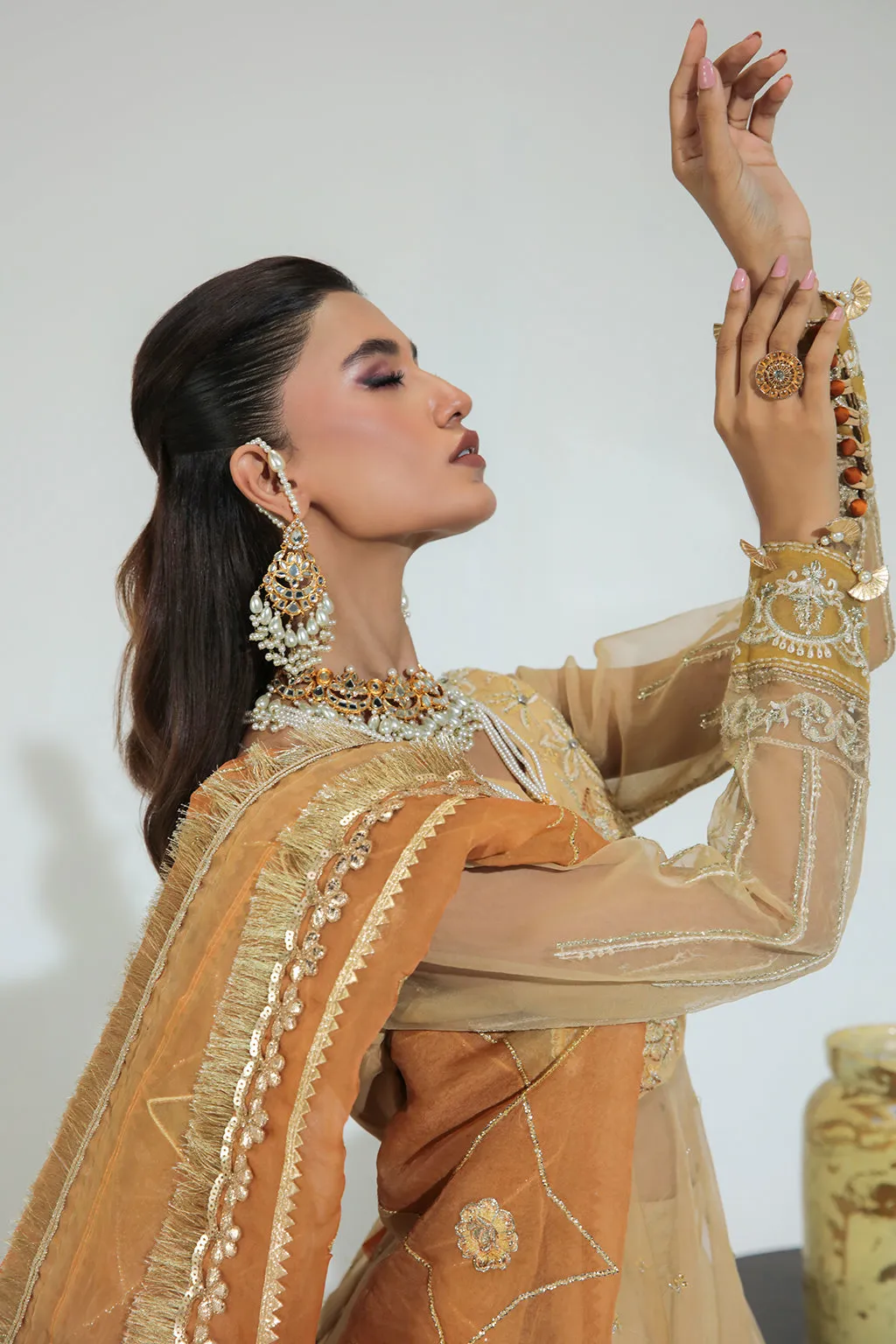 Luxury Gold Floral Embellished Pakistani Wedding Dress in Pishwas Style