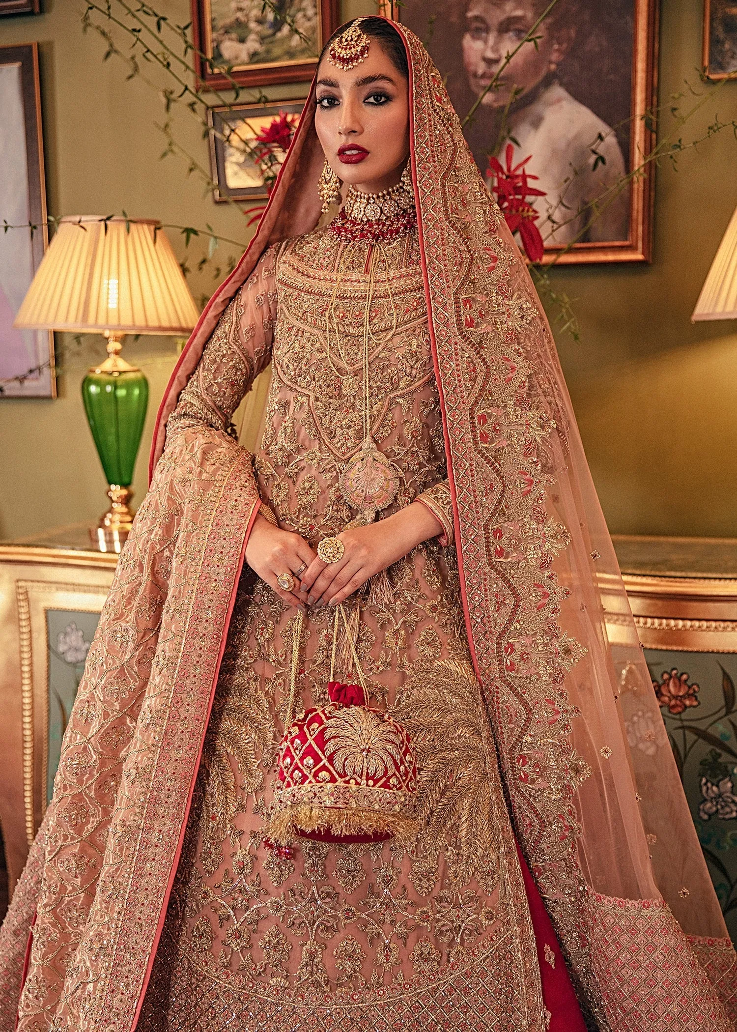 Luxury Kameez Lehenga Gold Red Heavily Embellished Pakistani Bridal Dress