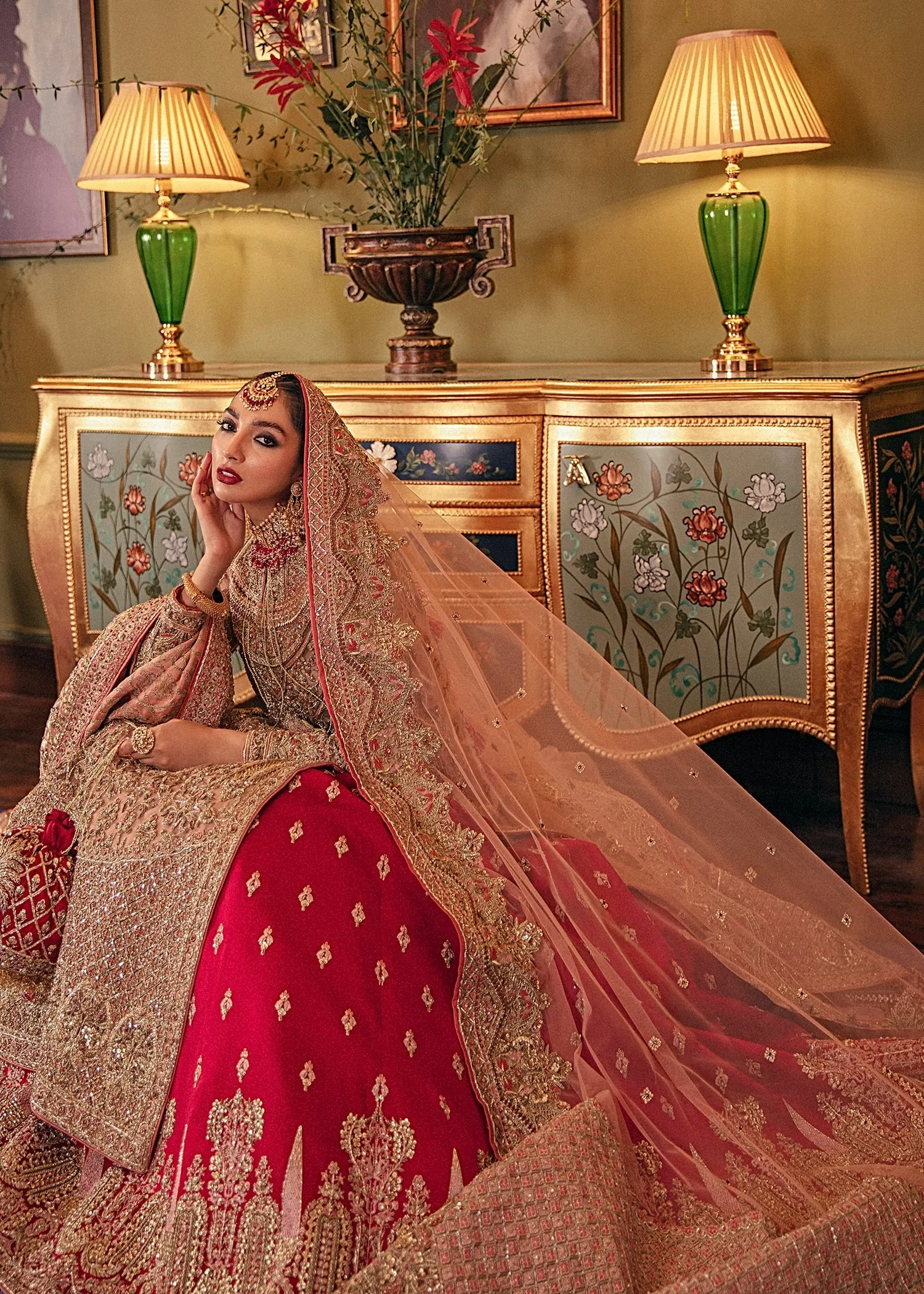 Luxury Kameez Lehenga Gold Red Heavily Embellished Pakistani Bridal Dress