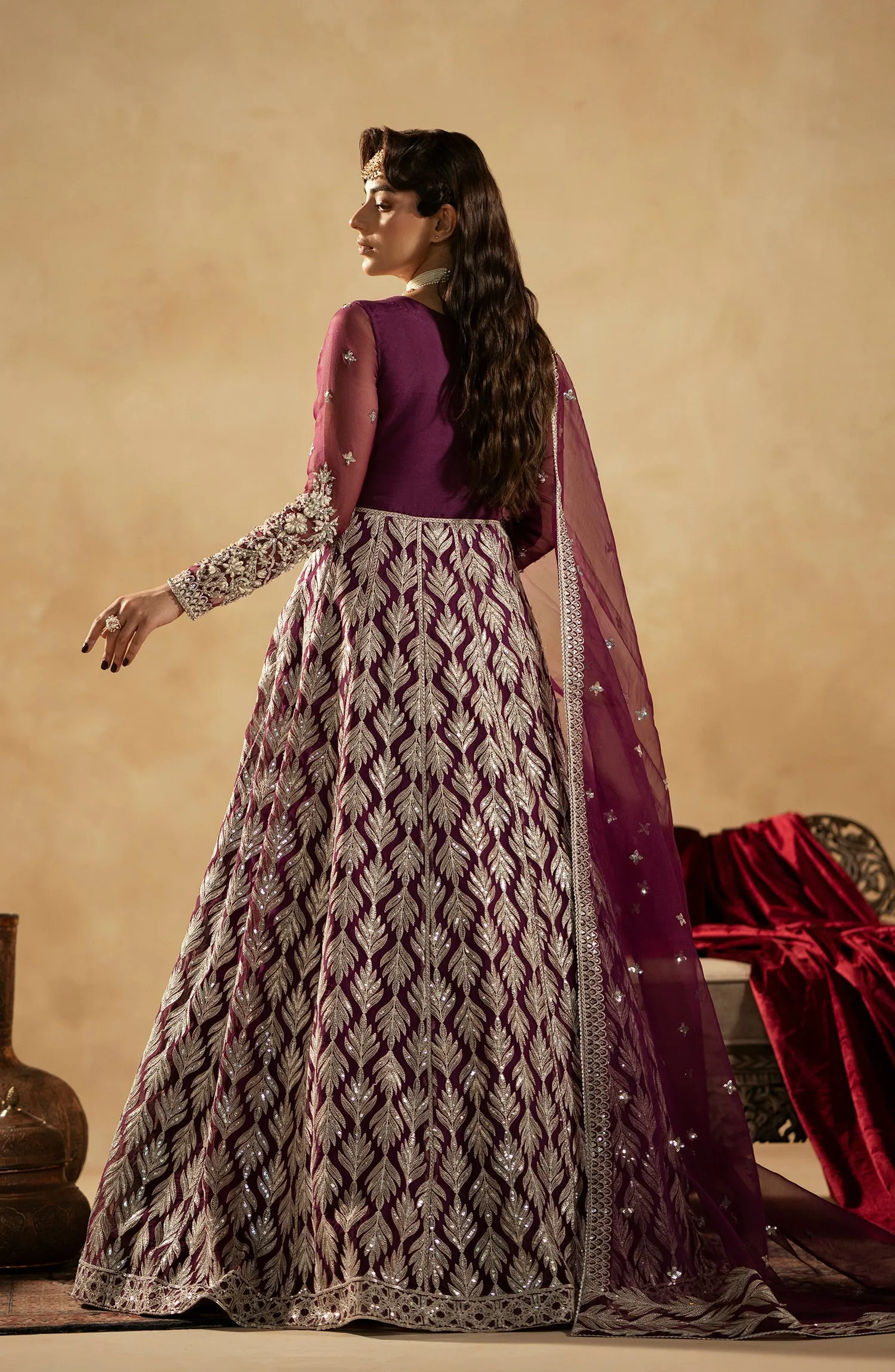 Luxury Magenta Shade Pakistani Wedding Dress in Kalidar Pishwas Style