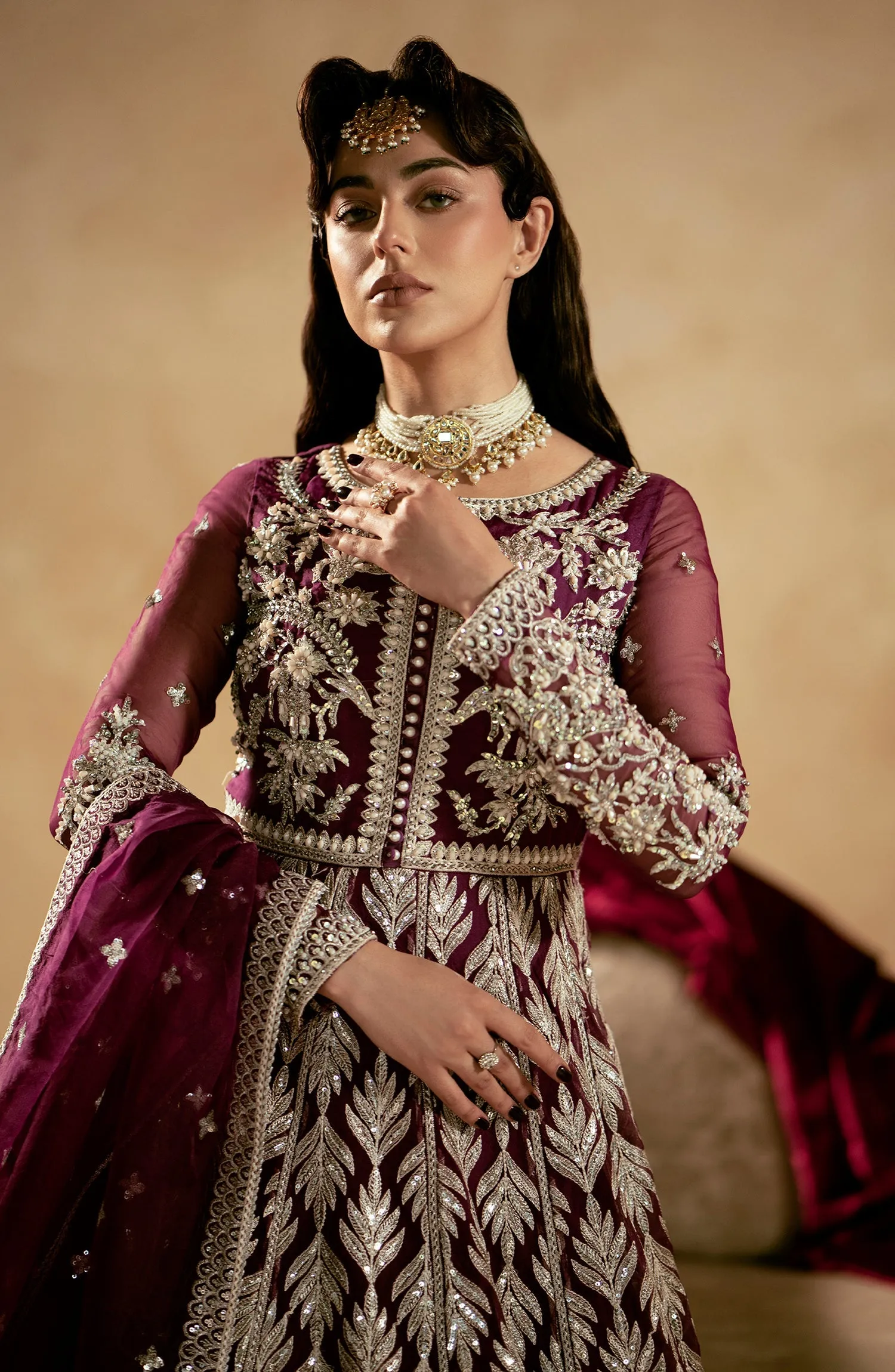 Luxury Magenta Shade Pakistani Wedding Dress in Kalidar Pishwas Style