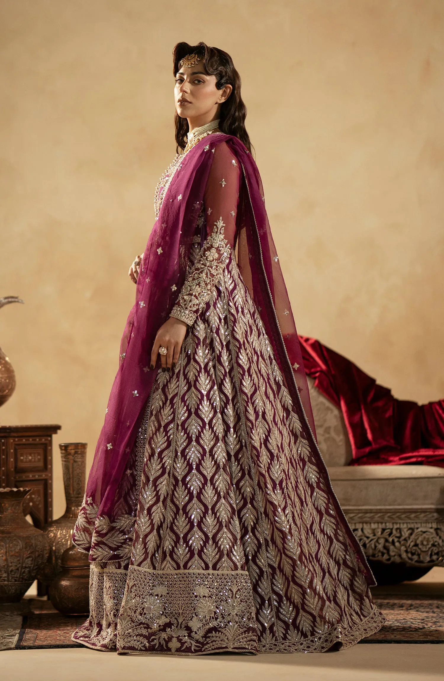 Luxury Magenta Shade Pakistani Wedding Dress in Kalidar Pishwas Style