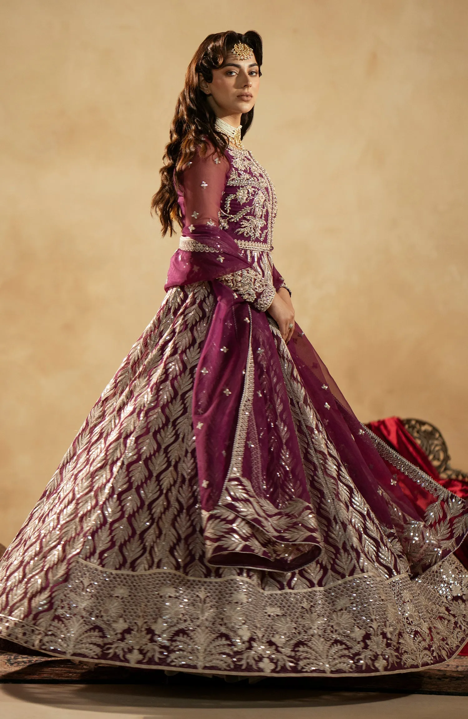 Luxury Magenta Shade Pakistani Wedding Dress in Kalidar Pishwas Style
