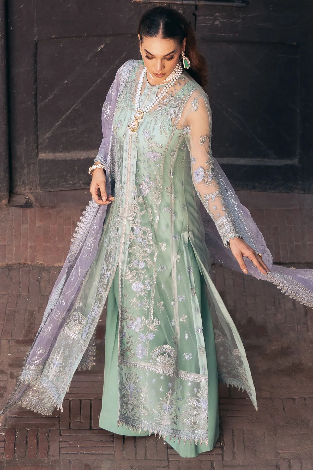 Luxury Mint Green Embroidered Pakistani Wedding Dress Kameez Trousers