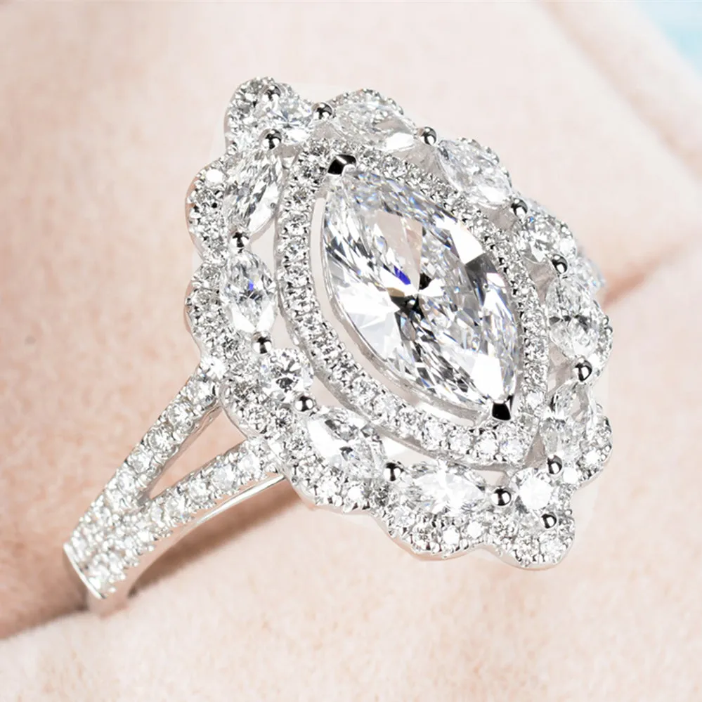 Marquise Cut GIA Diamond Flower Halo Engagement Ring