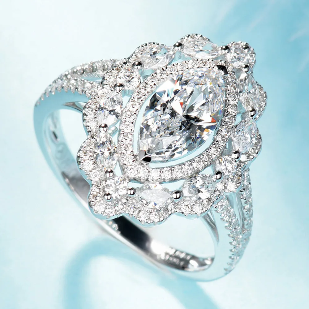 Marquise Cut GIA Diamond Flower Halo Engagement Ring