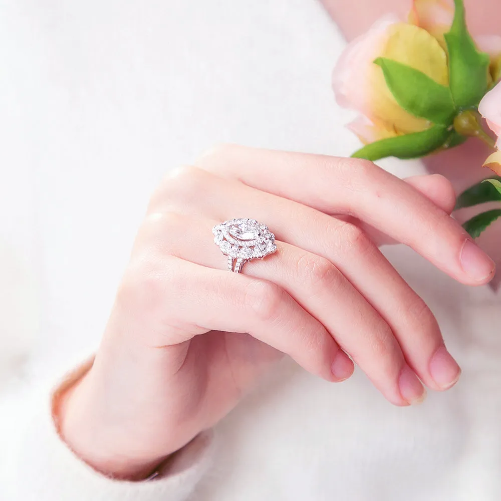 Marquise Cut GIA Diamond Flower Halo Engagement Ring