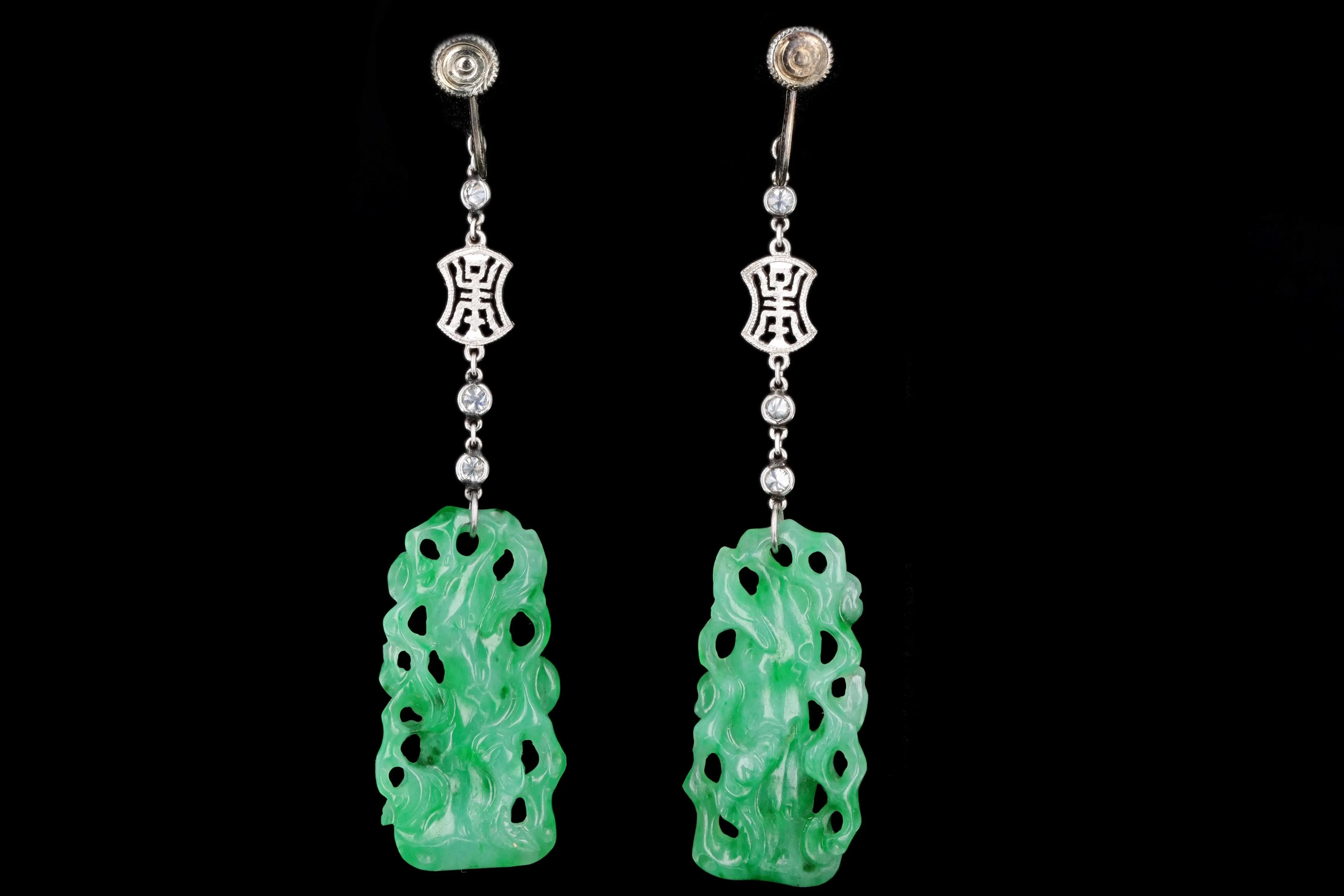 Marsh & Co. Art Deco Platinum Jadeite And Diamond Earrings