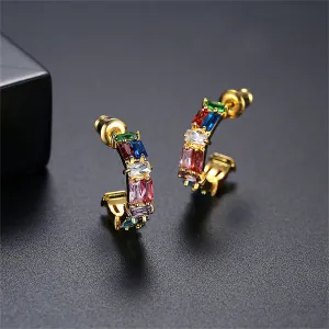 Multicolor Crystal & 18K Gold-Plated C-Shape Huggie Earrings