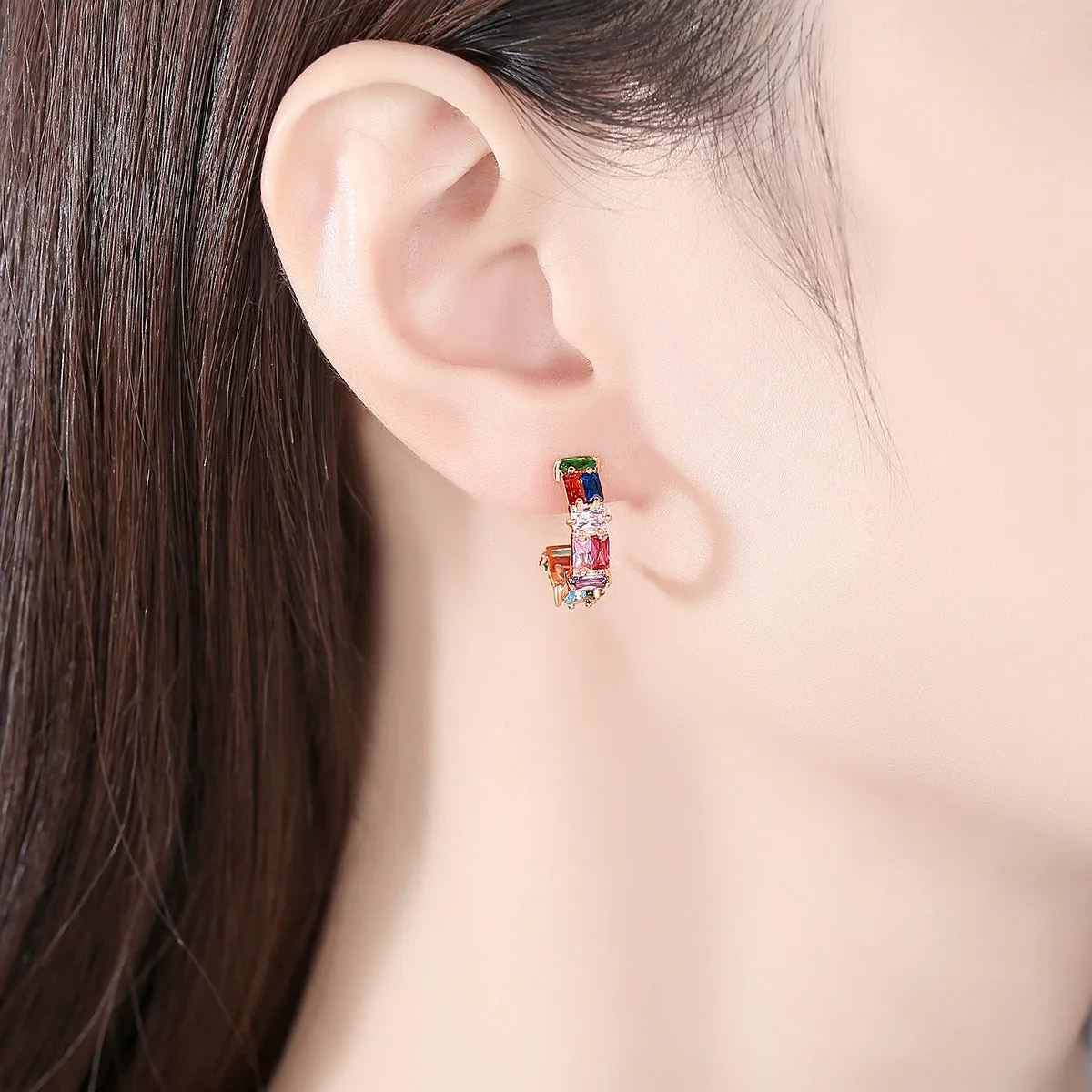 Multicolor Crystal & 18K Gold-Plated C-Shape Huggie Earrings