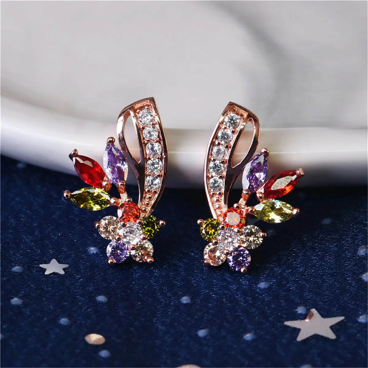 Multicolor Crystal & Cubic Zirconia Clustered Flower Stud Earrings