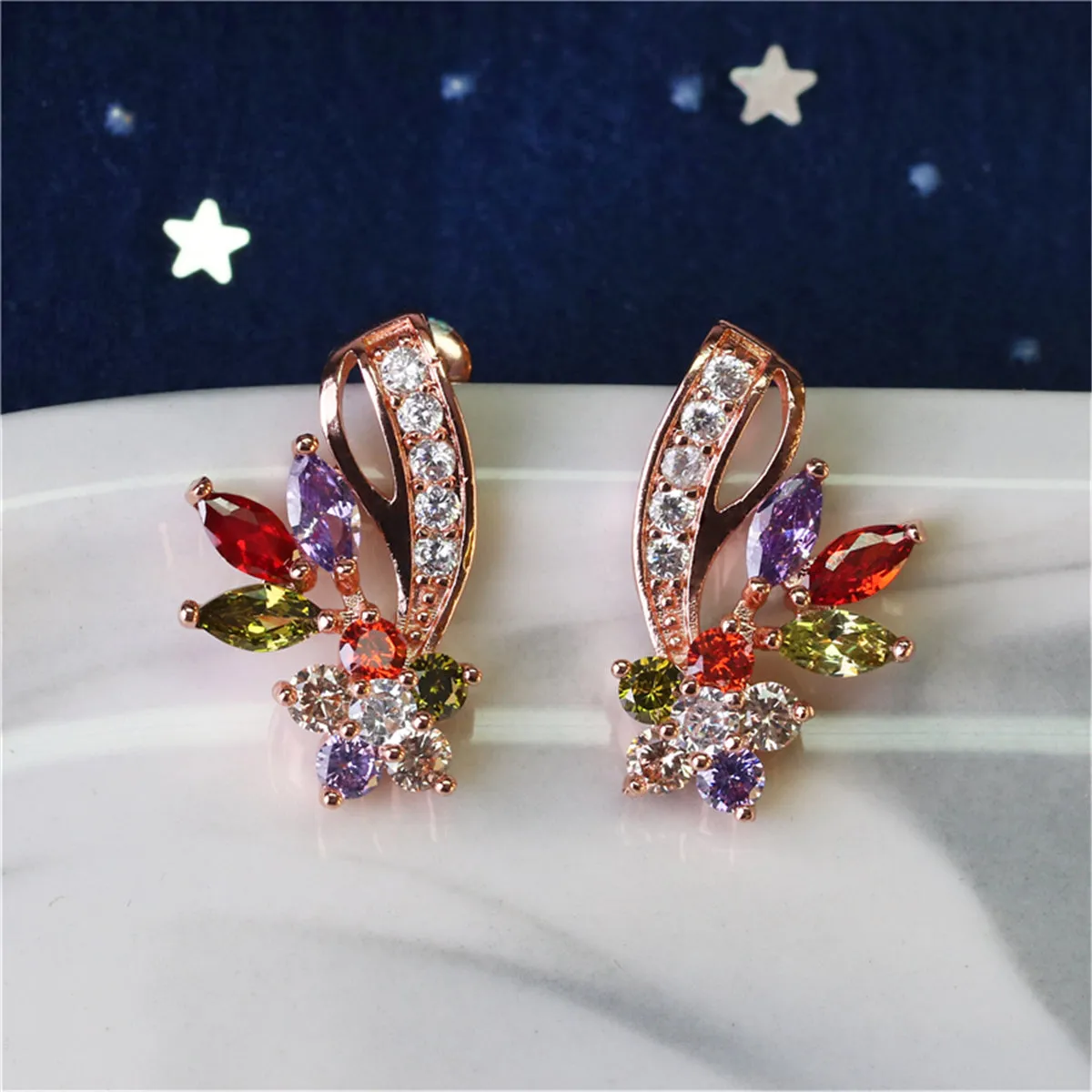 Multicolor Crystal & Cubic Zirconia Clustered Flower Stud Earrings