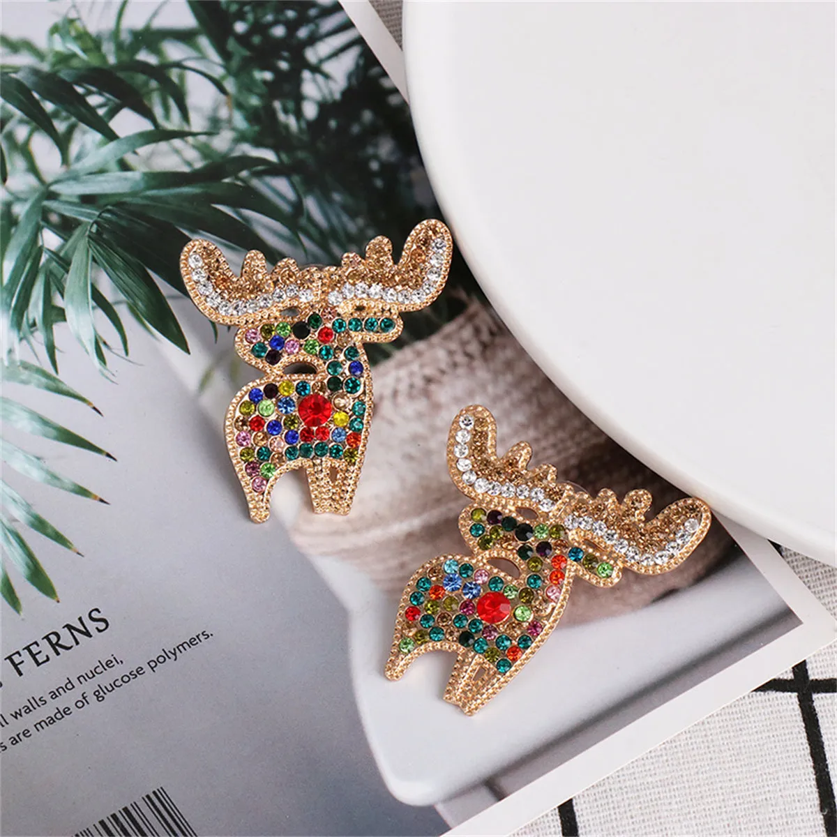 Multicolor Cubic Zirconia & 18K Gold-Plated Reindeer Stud Earrings