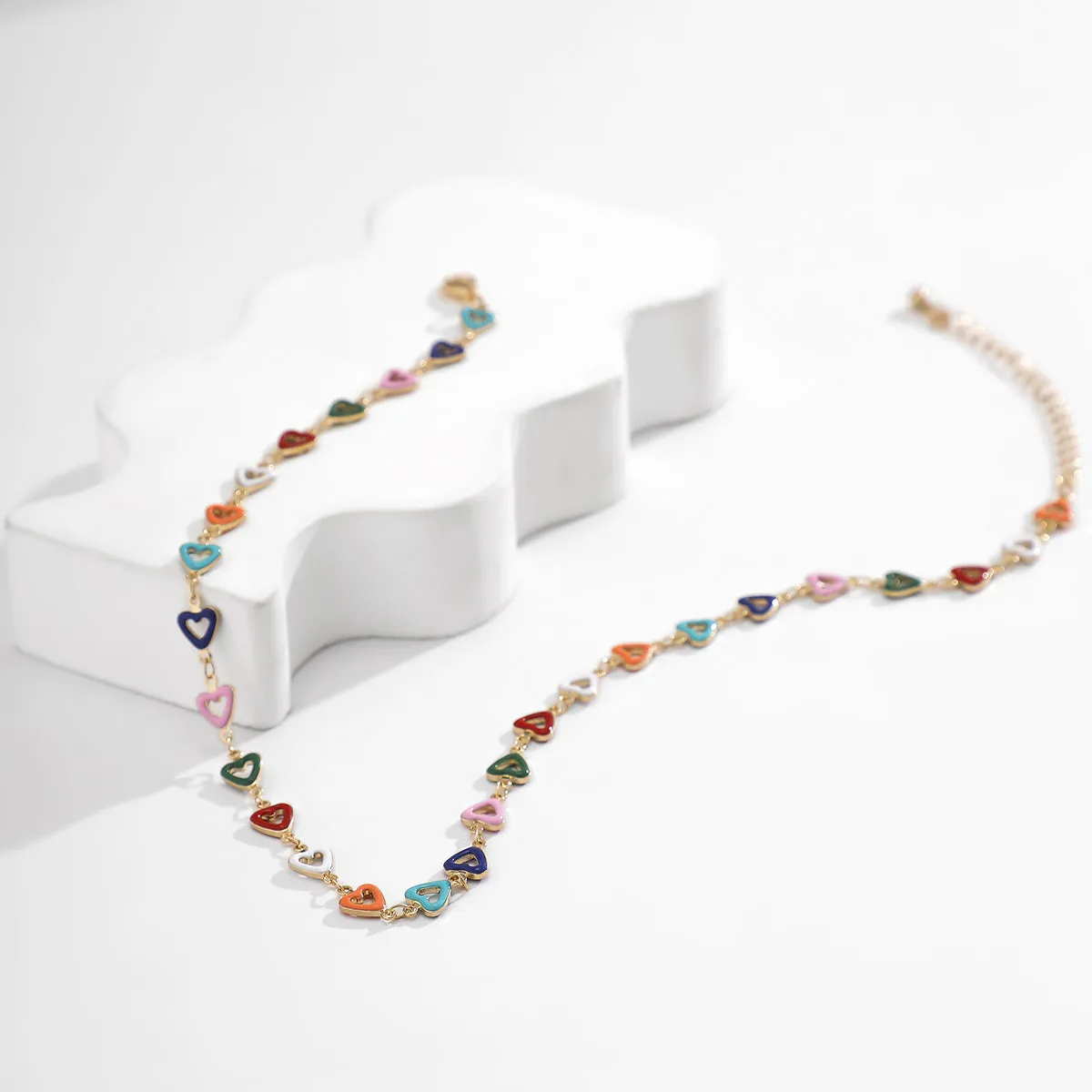 Multicolor Enamel & 18K Gold-Plated Heart Chain Necklace