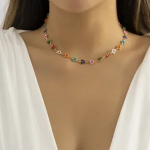 Multicolor Enamel & 18K Gold-Plated Heart Chain Necklace