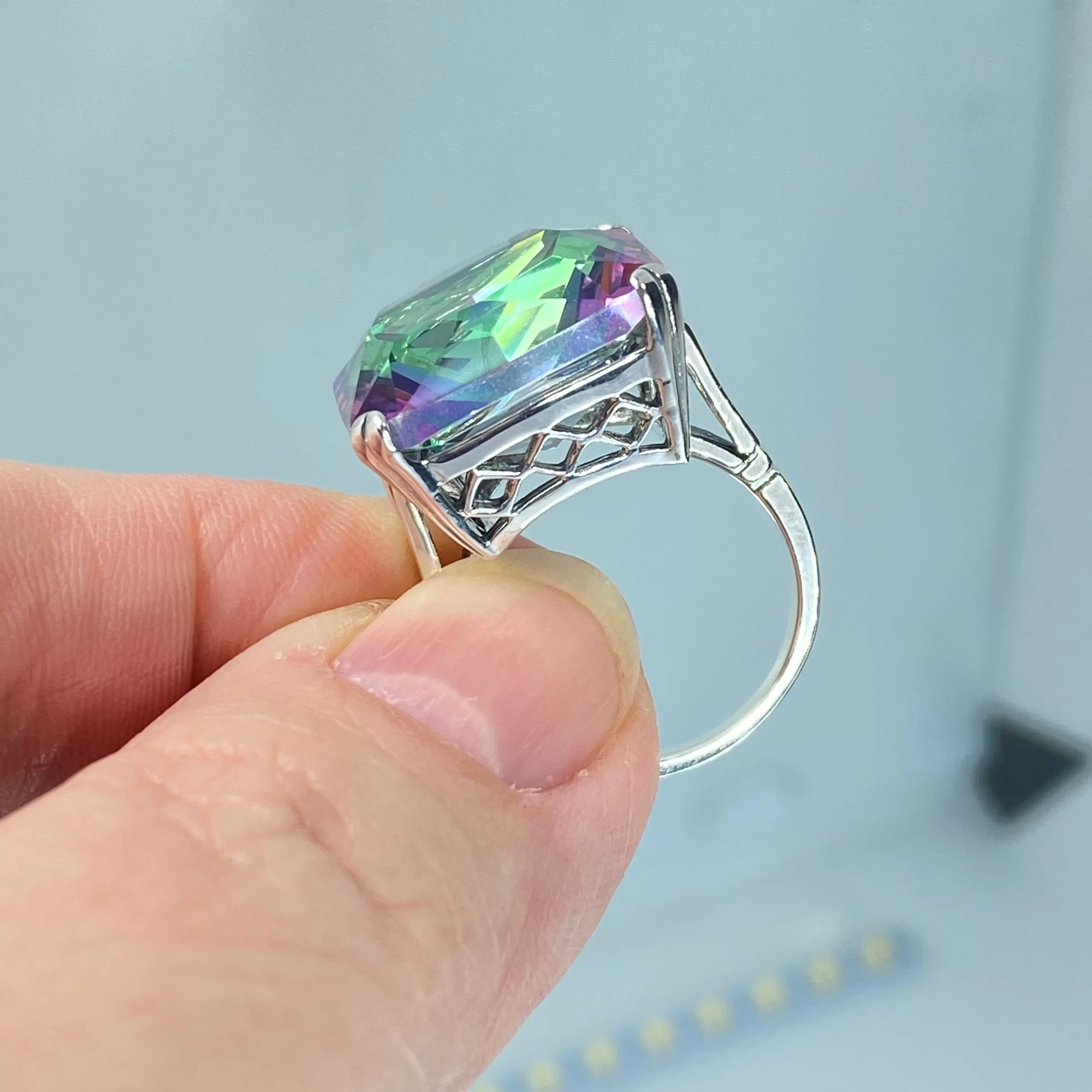 Mystic Topaz Ring, Size 6, Big 20ct Huge Square Gem, Vintage Jewelry #D1 - Ready to Ship