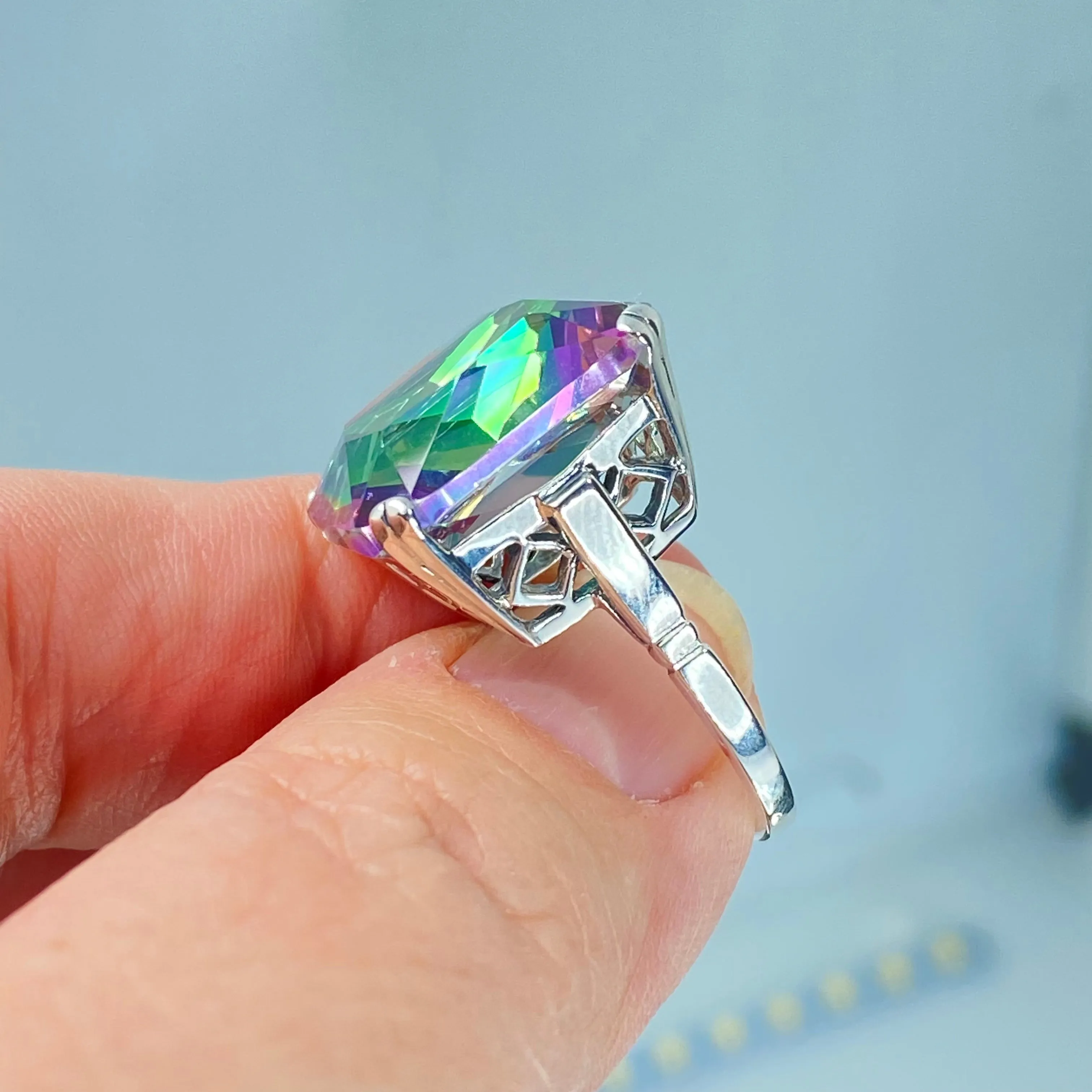 Mystic Topaz Ring, Size 6, Big 20ct Huge Square Gem, Vintage Jewelry #D1 - Ready to Ship