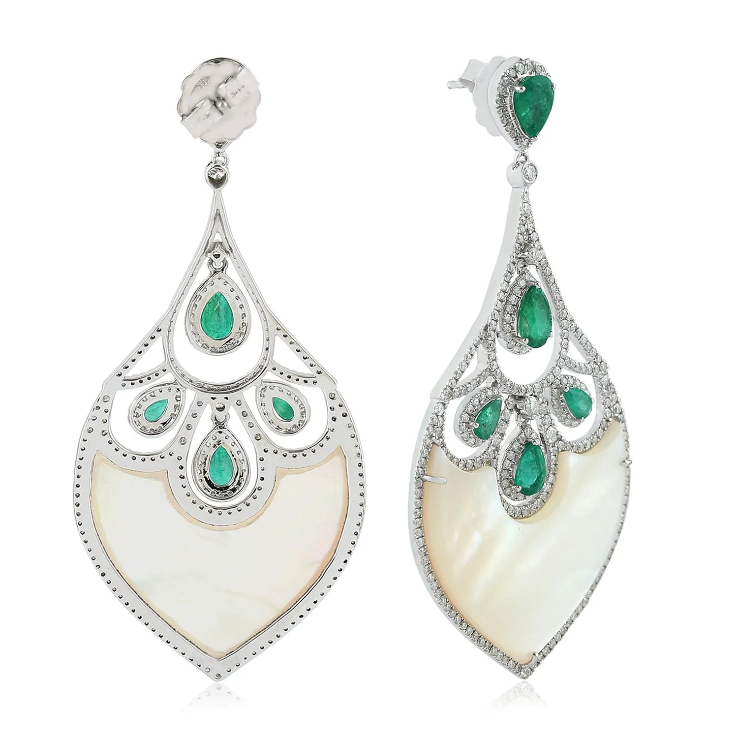 Natural Fancy MOP Pear Emerald Prong Diamond Luxury Dangler Earrings 18K White Gold