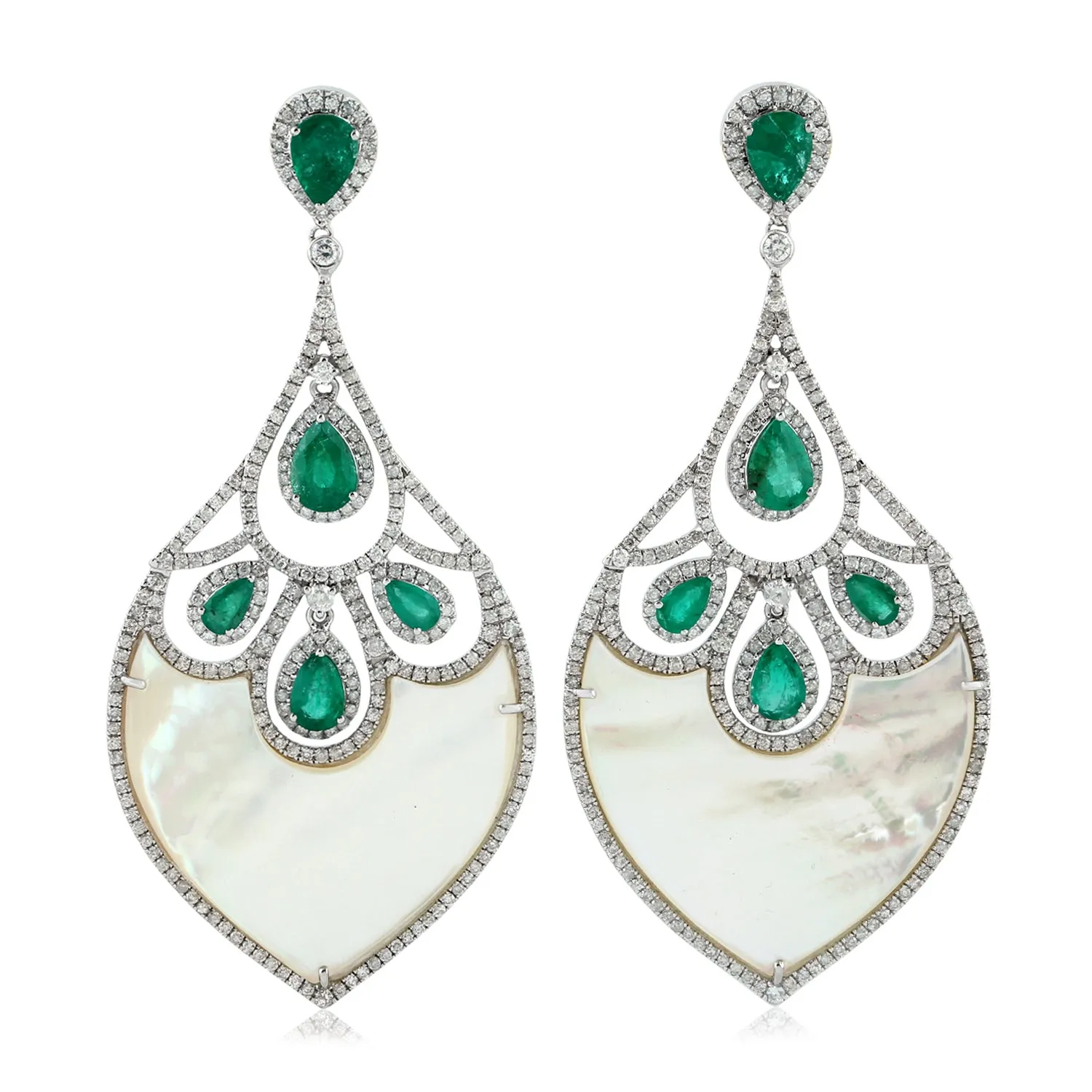 Natural Fancy MOP Pear Emerald Prong Diamond Luxury Dangler Earrings 18K White Gold