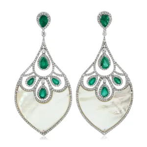 Natural Fancy MOP Pear Emerald Prong Diamond Luxury Dangler Earrings 18K White Gold
