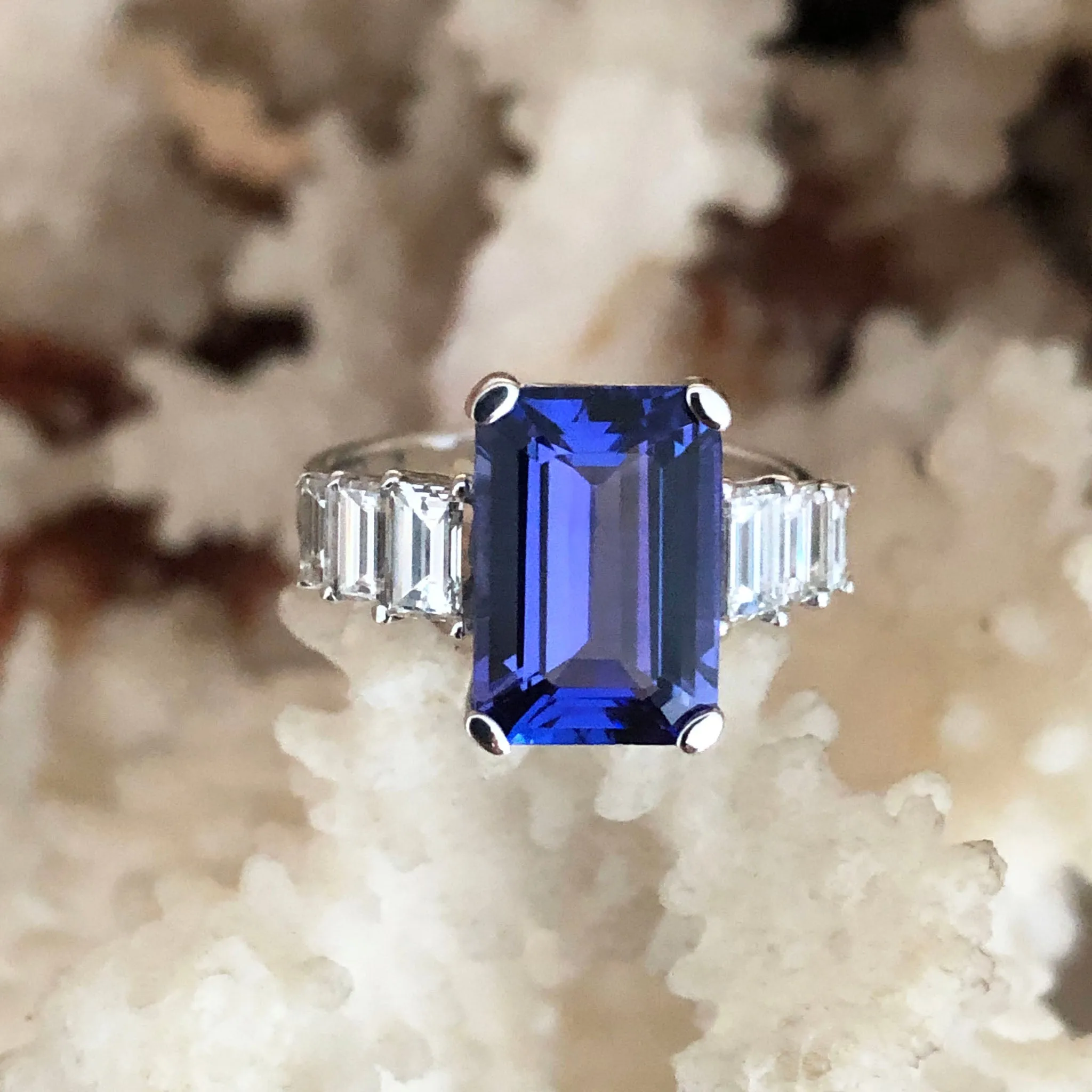 Octagonal Cut Tanzanite and Emerald Cut Diamond Ring