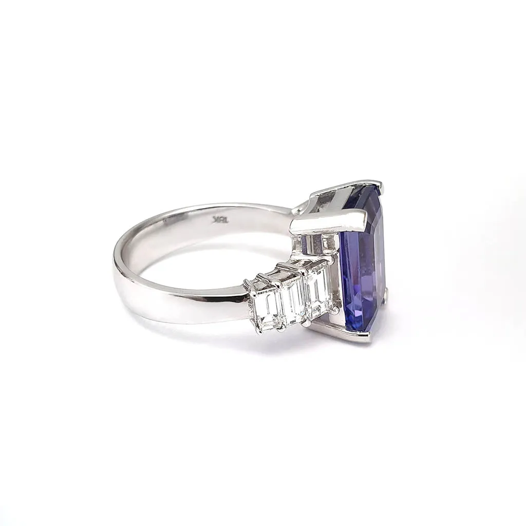 Octagonal Cut Tanzanite and Emerald Cut Diamond Ring