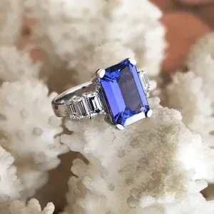 Octagonal Cut Tanzanite and Emerald Cut Diamond Ring