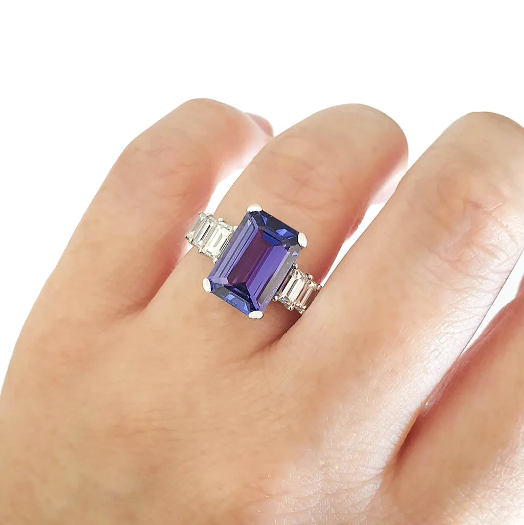 Octagonal Cut Tanzanite and Emerald Cut Diamond Ring