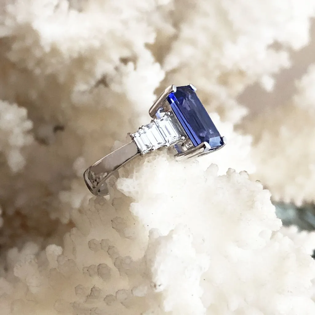 Octagonal Cut Tanzanite and Emerald Cut Diamond Ring