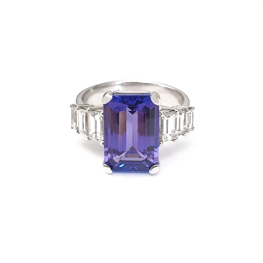 Octagonal Cut Tanzanite and Emerald Cut Diamond Ring