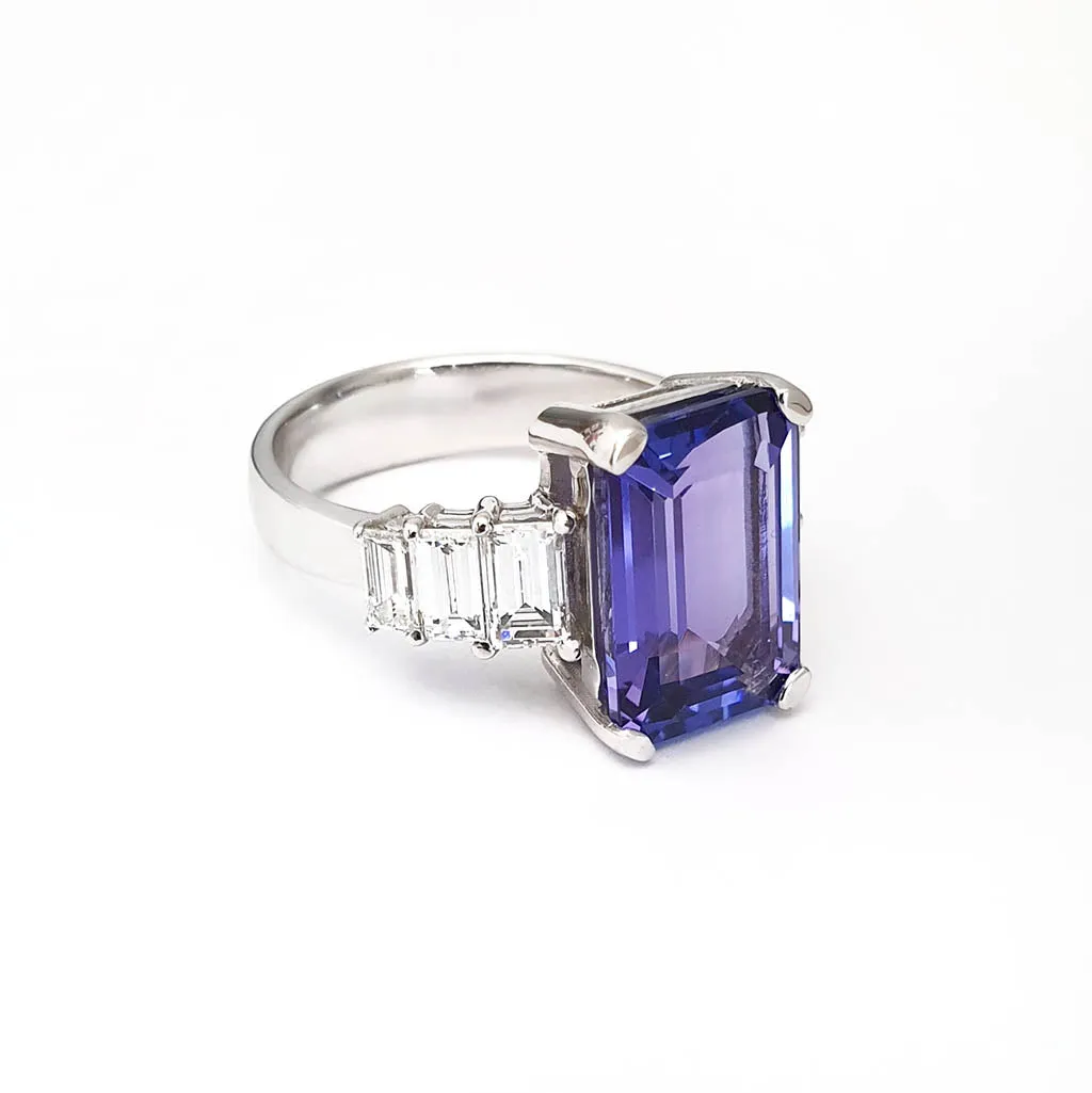 Octagonal Cut Tanzanite and Emerald Cut Diamond Ring