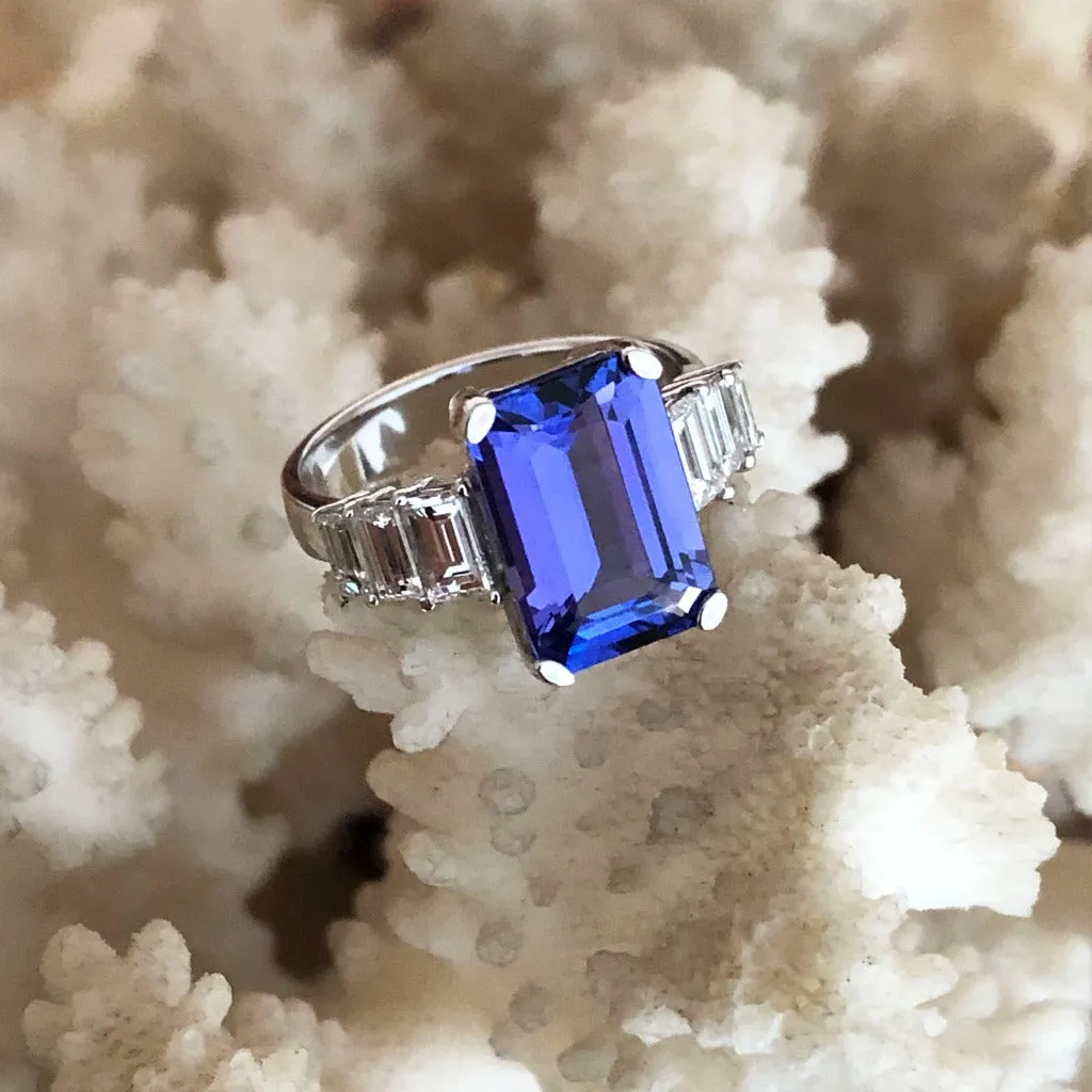Octagonal Cut Tanzanite and Emerald Cut Diamond Ring