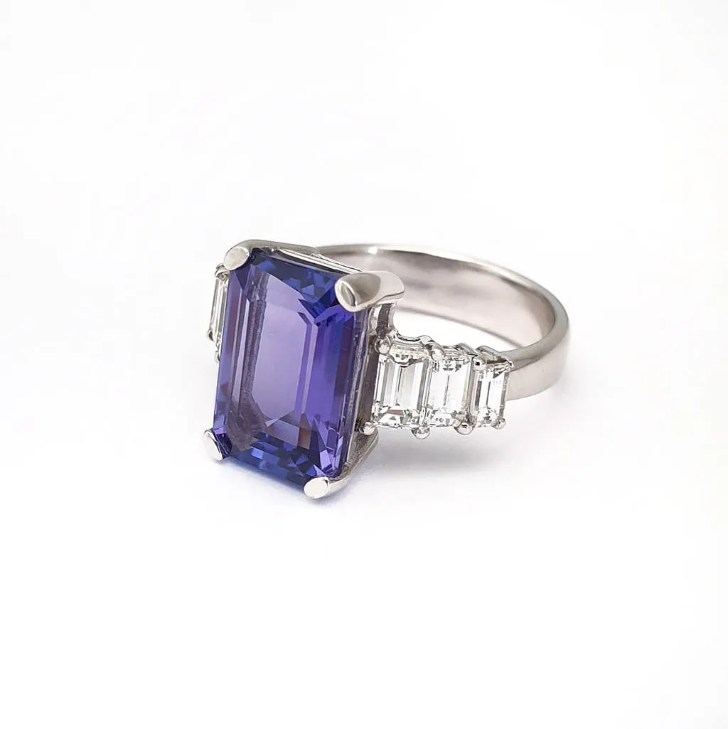 Octagonal Cut Tanzanite and Emerald Cut Diamond Ring