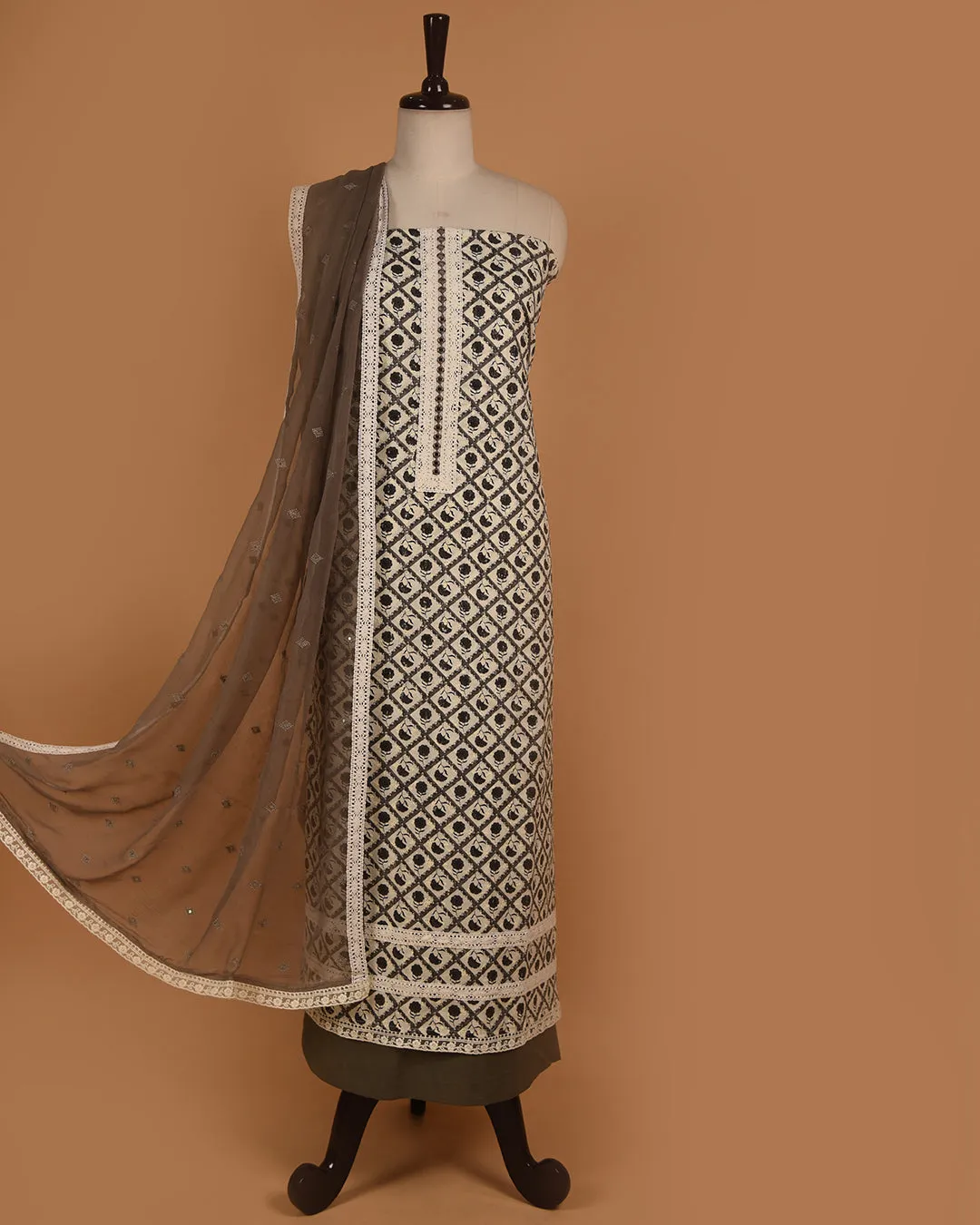 Off White With Grey Pure Cotton Printed With Embroidery Unstitched Suit Fabric Set With Chiffon Dupatta