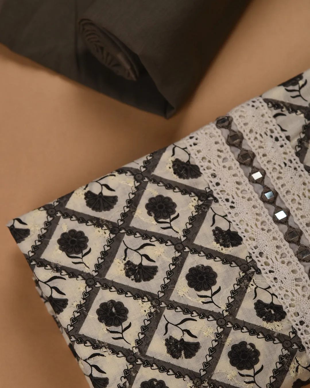 Off White With Grey Pure Cotton Printed With Embroidery Unstitched Suit Fabric Set With Chiffon Dupatta