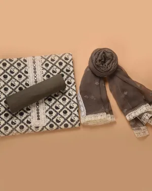 Off White With Grey Pure Cotton Printed With Embroidery Unstitched Suit Fabric Set With Chiffon Dupatta