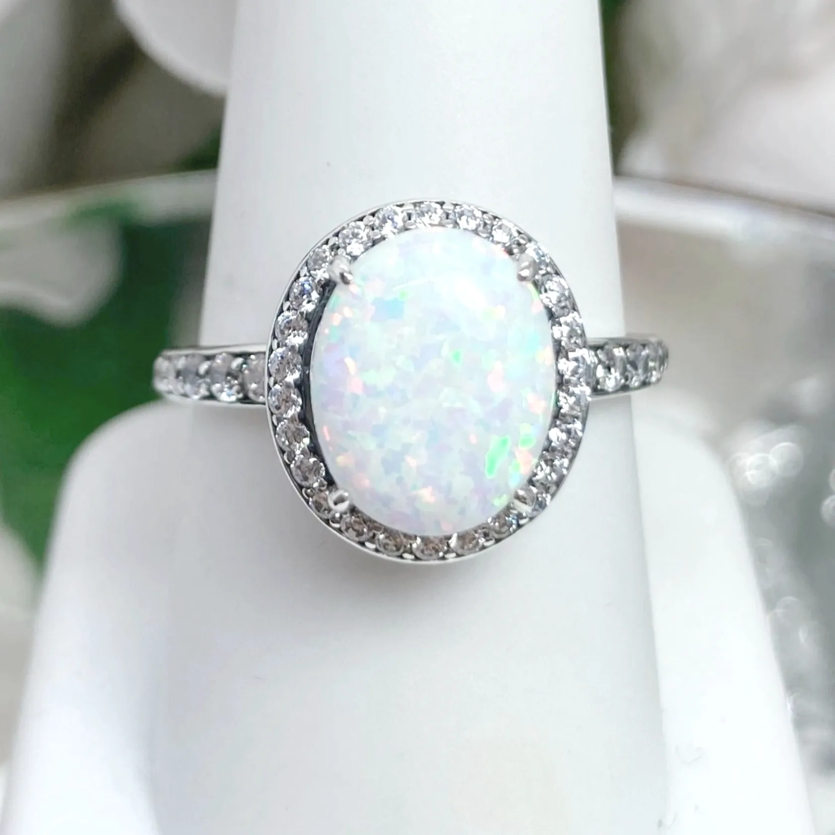 Opal Halo Ring, Size 6.5, White CZ Gems, Art Deco Sterling Silver Filigree #D228 - Ready to Ship
