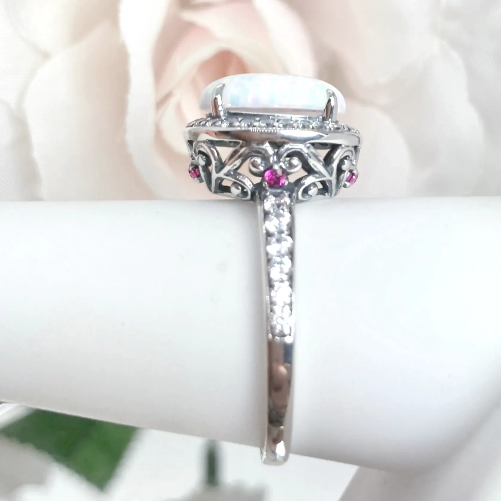 Opal Halo Ring, Size 6.5, White CZ Gems, Art Deco Sterling Silver Filigree #D228 - Ready to Ship