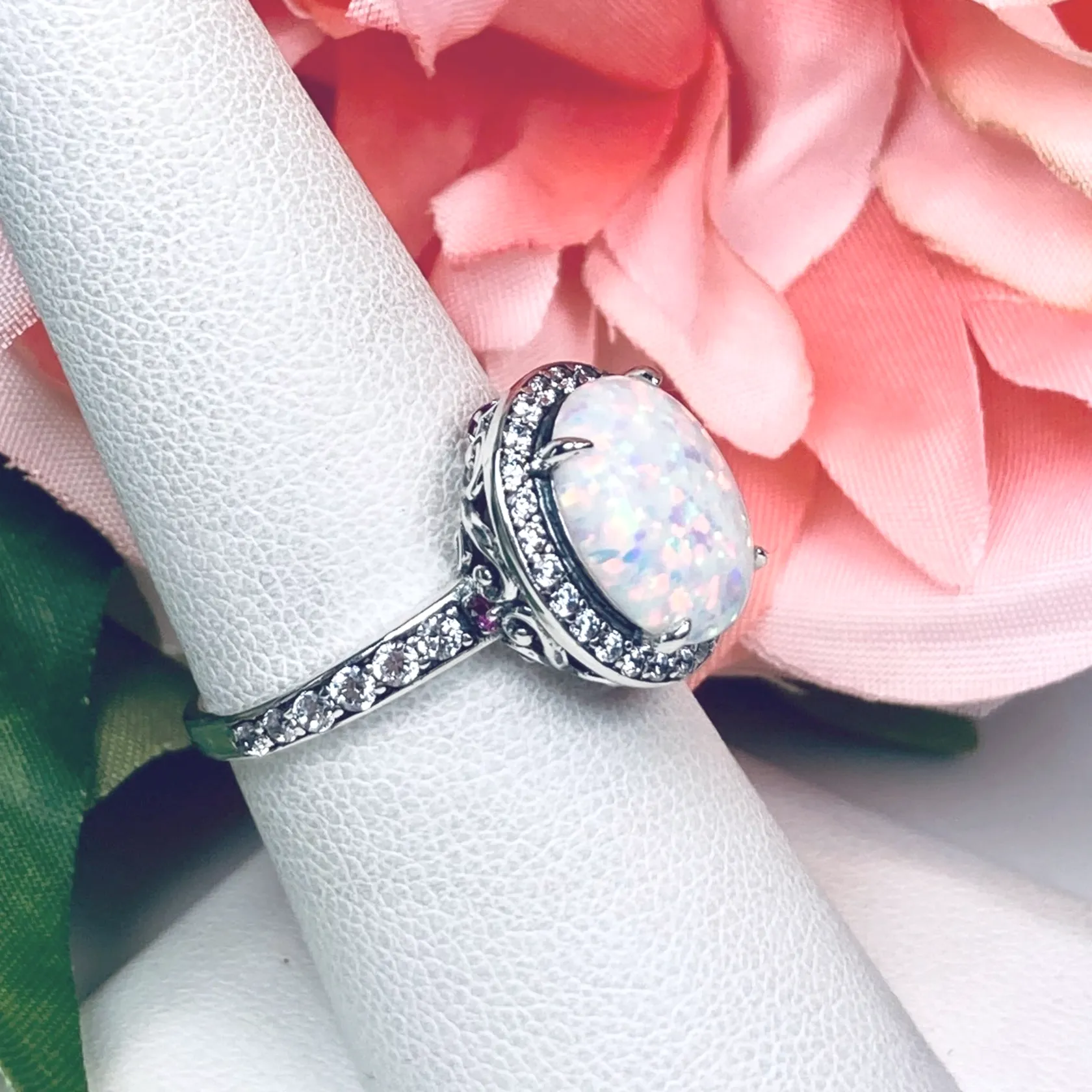 Opal Halo Ring, Size 6.5, White CZ Gems, Art Deco Sterling Silver Filigree #D228 - Ready to Ship