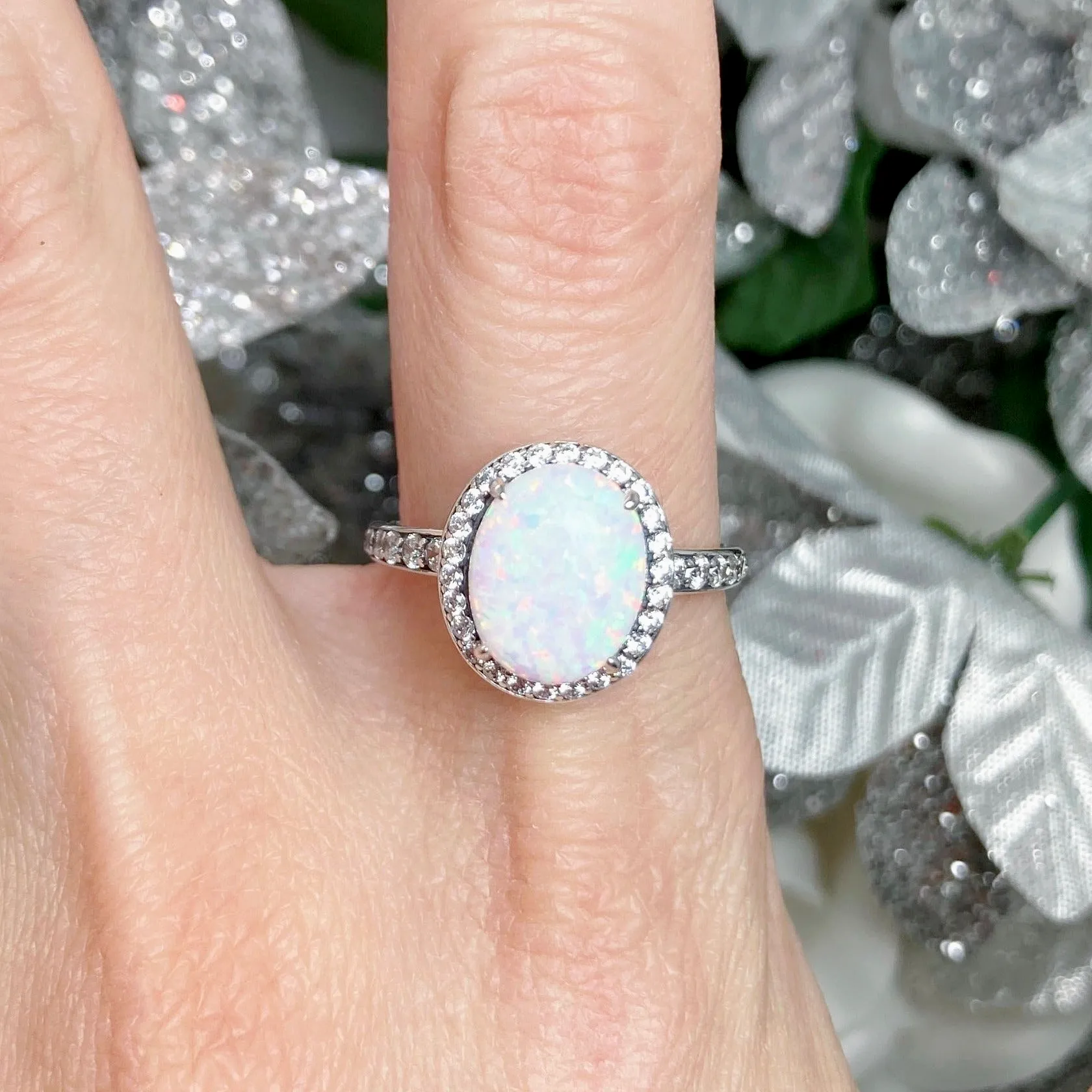 Opal Halo Ring, Size 6.5, White CZ Gems, Art Deco Sterling Silver Filigree #D228 - Ready to Ship