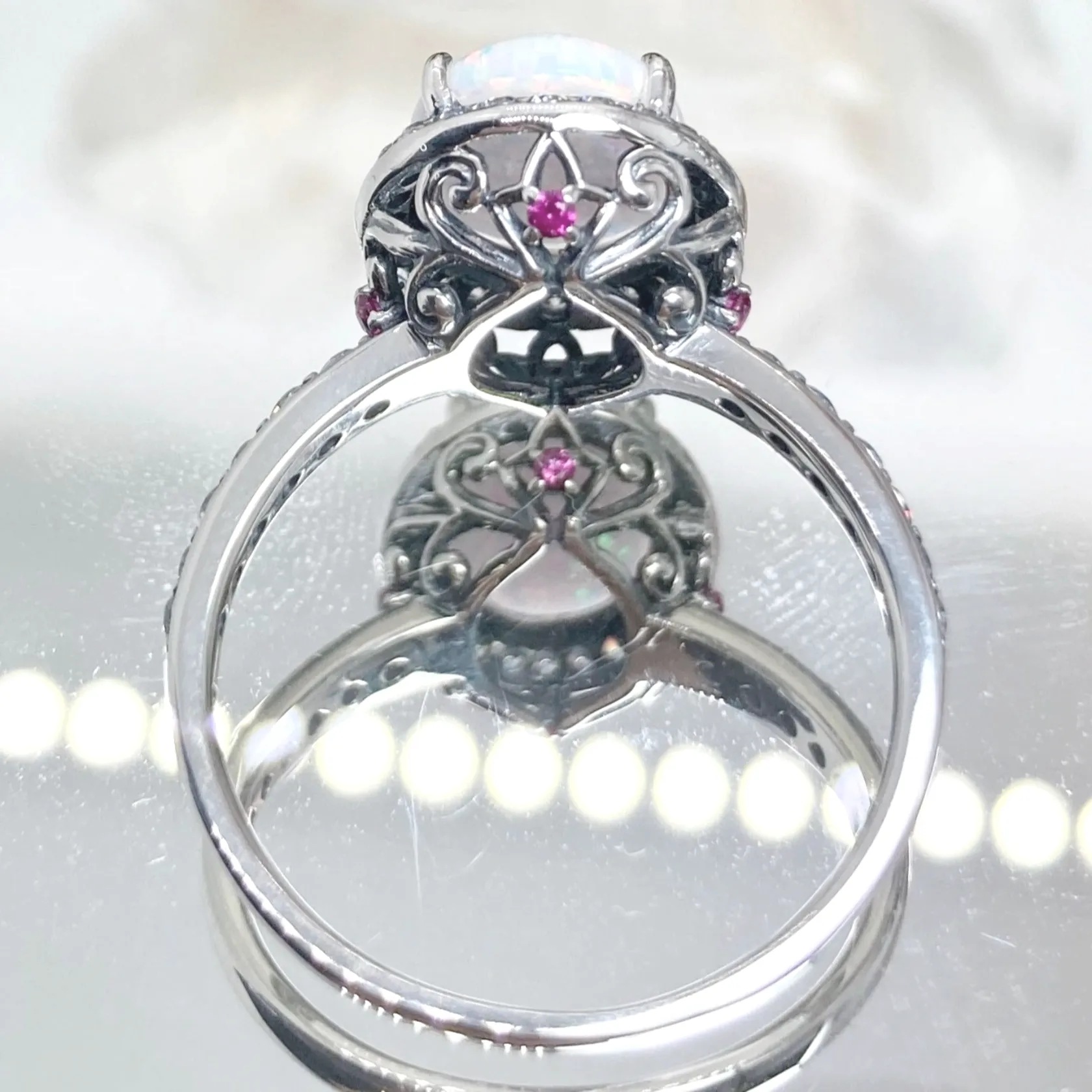 Opal Halo Ring, Size 6.5, White CZ Gems, Art Deco Sterling Silver Filigree #D228 - Ready to Ship