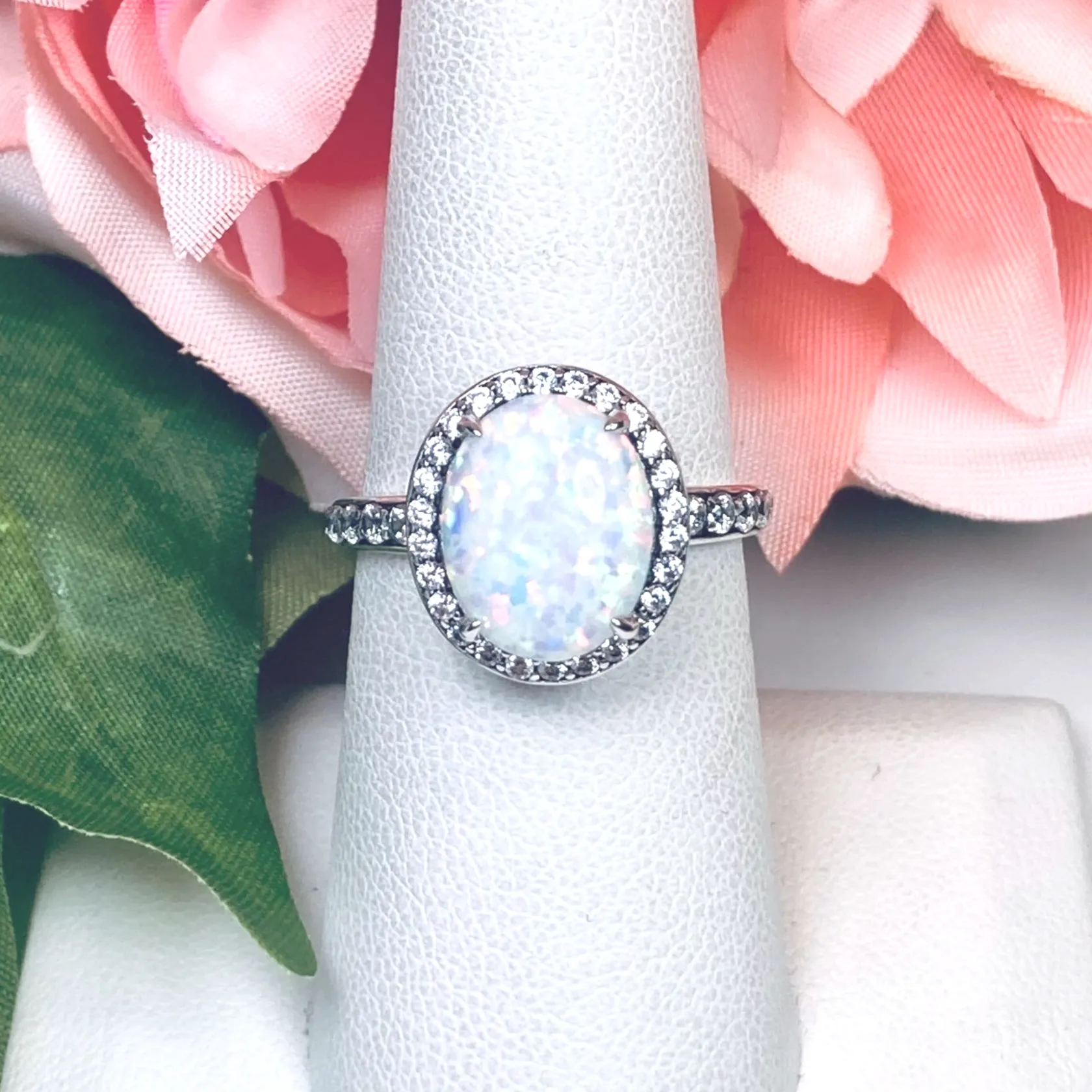 Opal Halo Ring, Size 6.5, White CZ Gems, Art Deco Sterling Silver Filigree #D228 - Ready to Ship