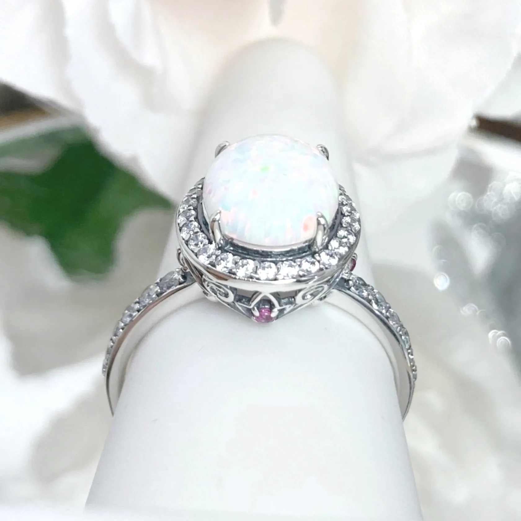 Opal Halo Ring, Size 6.5, White CZ Gems, Art Deco Sterling Silver Filigree #D228 - Ready to Ship