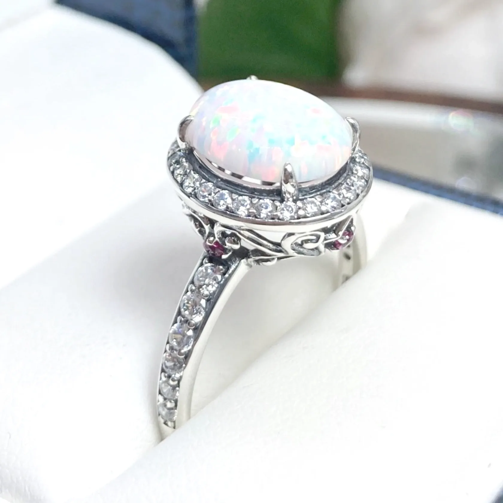 Opal Halo Ring, Size 6.5, White CZ Gems, Art Deco Sterling Silver Filigree #D228 - Ready to Ship