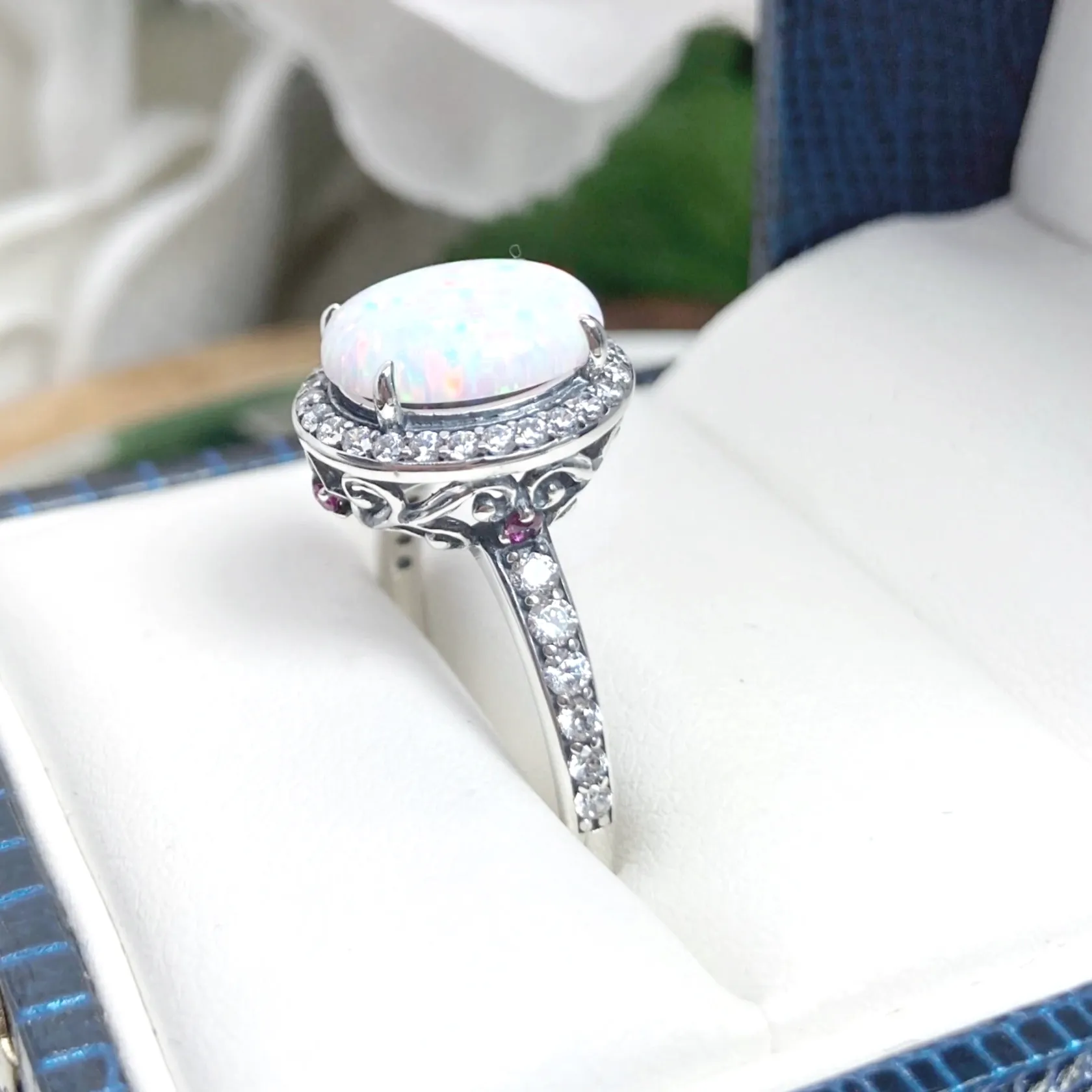 Opal Halo Ring, Size 6.5, White CZ Gems, Art Deco Sterling Silver Filigree #D228 - Ready to Ship
