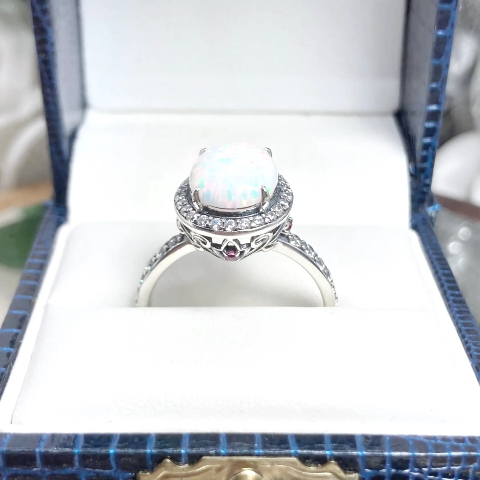 Opal Halo Ring, Size 6.5, White CZ Gems, Art Deco Sterling Silver Filigree #D228 - Ready to Ship