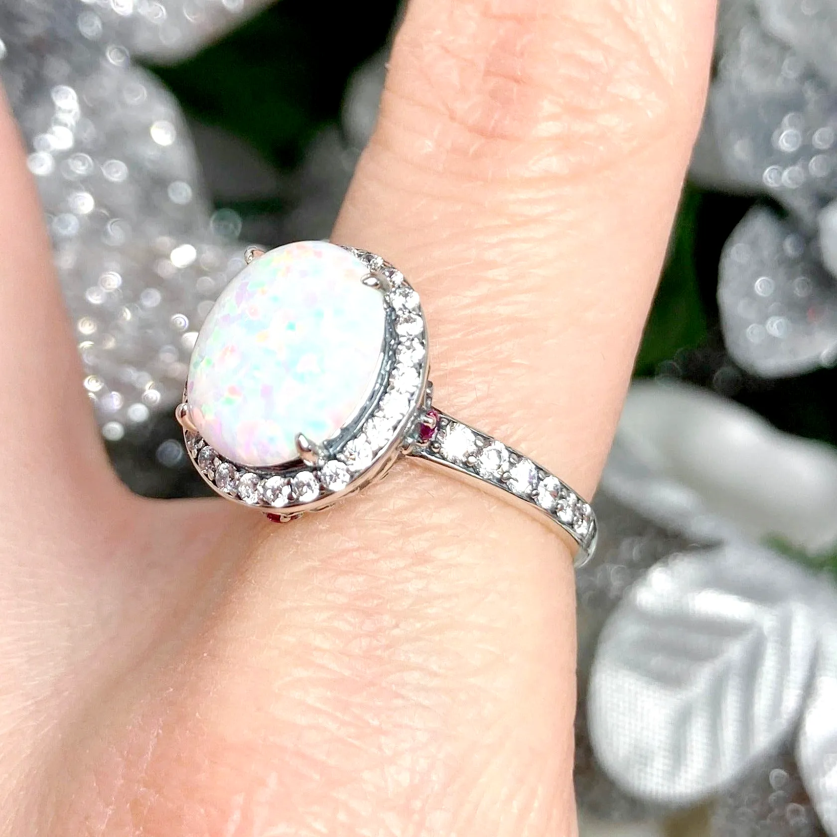 Opal Halo Ring, Size 6.5, White CZ Gems, Art Deco Sterling Silver Filigree #D228 - Ready to Ship